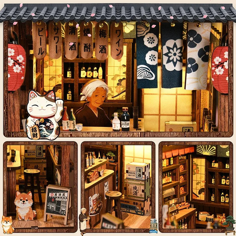 Wooden DIY Bookend Kit, Yiran Izakaya Pub Miniature Scene 3D Puzzle Assembly Toy Creative Gift for Women