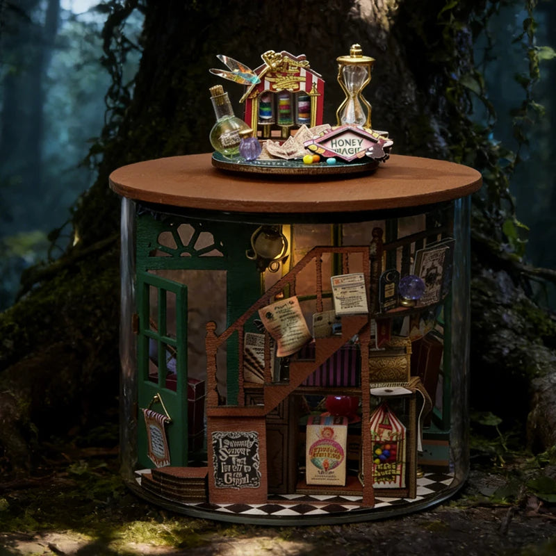 DIY Miniature Dollhouse Kit Magic Emporium Shop with LED Light Wooden Cylindrical House Model Building Set for Kids Adult Birthd